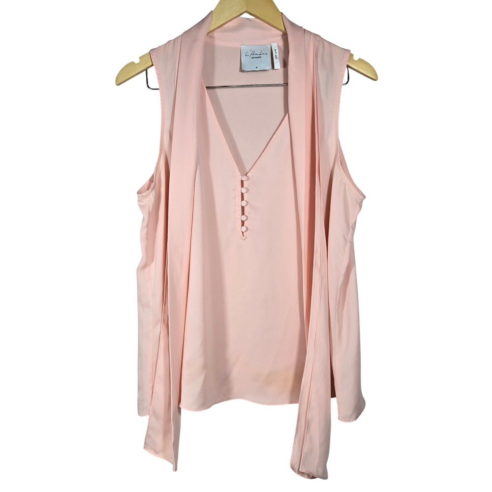 L'Academie Los Angeles Pink Sleeveless Tie Neck Blouse Top Medium M Button Front
